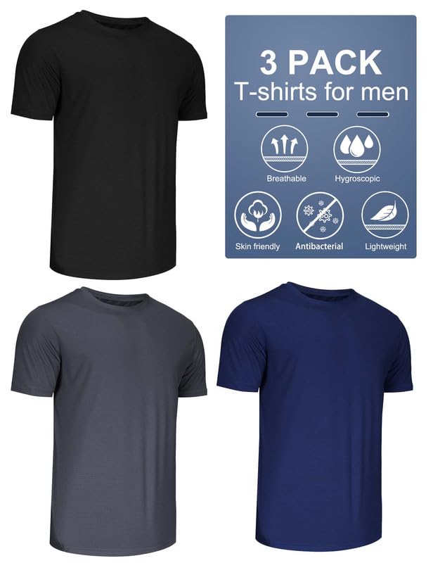 3-Pack Sport Tshirts Męskie koszulki funkcjonalne Szybko suche Oddychająca koszula treningowa Koszula fitness Koszula treningowa do biegania ćwiczeń kulturystycznych-Black/Grey/Navy-chunse-XL