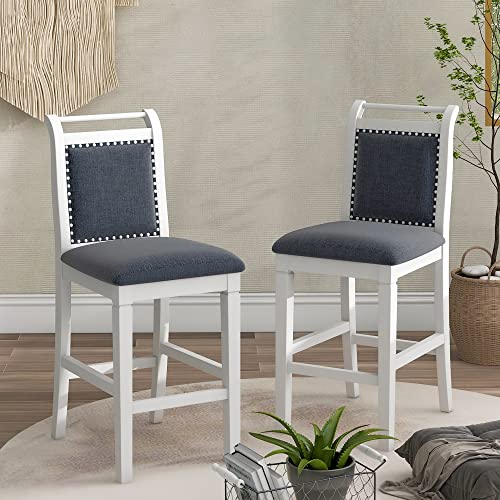 Image of RUNNA Farmhouse 3-Piece Counter Height Dining Table Set with 2 Upholstered Chairs and Extendable Drop Leaf,Wood Kitchen Table for Small Place Use (White#A)