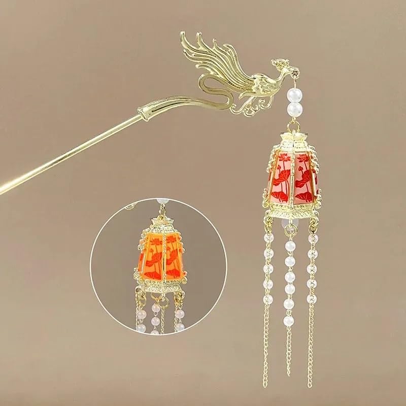 Image of 1pcs of Chinese Hair Sticks for Buns, Pearl Flower Vintage Metal Hair Chopsticks for Women and Girls Dangle Tassel Pendant Hair Accessories Hanfu Handmade Decor Hairpin (Red Dragon and Phoenix)