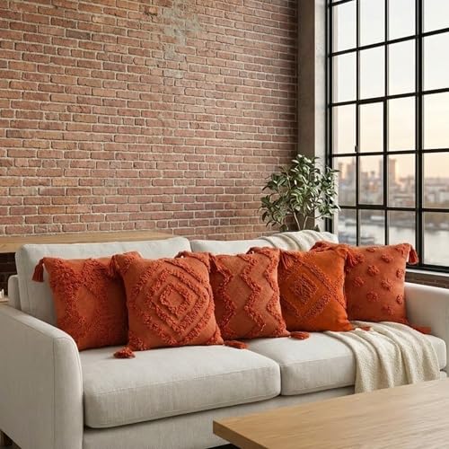 Image of SILK & YANA 16x16 Cotton Cushion Covers Set of 5 | Hand-Tufted Decorative Throw Pillow Covers with Boho, Geometric & Textured Designs | Tassel-Trimmed Covers for Sofa | Terracotta