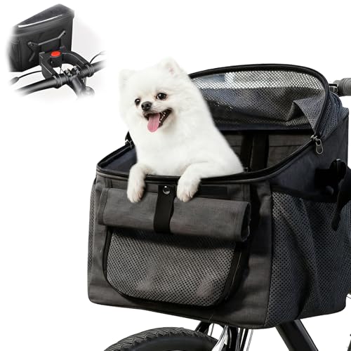 Panier de vélo 4 en 1 pour chien, panier avant de vélo pour chiens et chats, sac à dos amovible avec 4 fenêtres en maille et ceinture de sécurité, sac...
