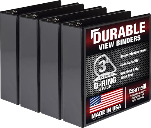 Image of Samsill Durable 3 inch 3 Ring Binder, D Ring Binder, 100% Recycled Chipboard, Black, 4 Pack