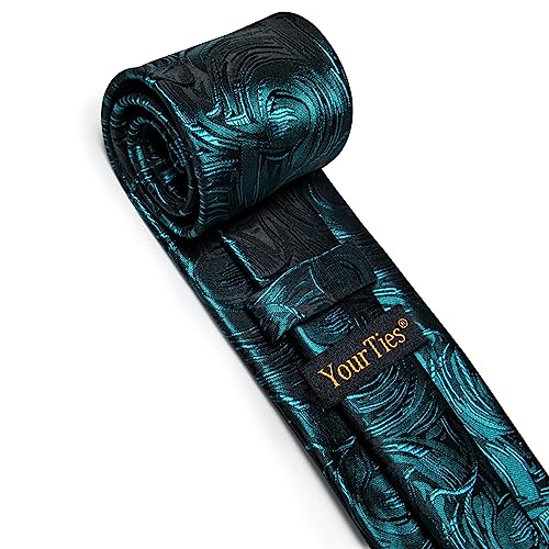 Image of YourTies Mens Silk Tie Teal Floral Necktie and Pocket Square with Lapel Pin Sets for Men Formal Business, Medium