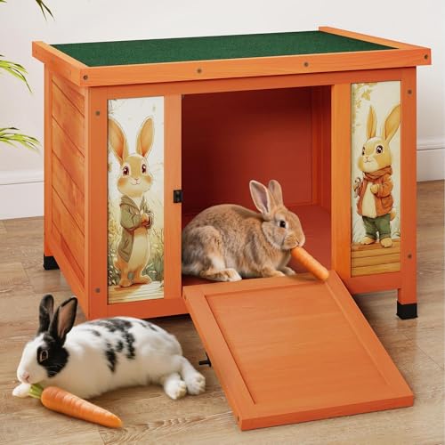 COZIWOW 24 Inch Rabbit Hutch Outdoor Weatherproof Cat House Bunny Cage Indoor with Non-Slip Ramp Portable Wooden Shelter for Rabbits Feral Cats Chicken Duck & Other Small Animals (Orange)