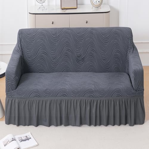 Image of HOKIPO 2 Seater Sofa Cover with Frill - 240 GSM Premium Jacquard Stretchable Fully Covered Slipcover, 'Serene Wave Series' Pewter Grey (AR-6353-GRY)