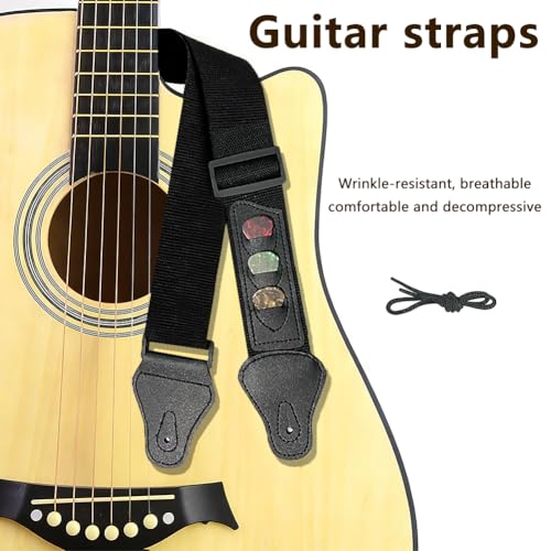 HONRIGO Adjustable Braided Guitar Strap with 3 Pick Pockets for Electric, Acoustic & Bass Guitars (Black)