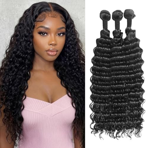 Tissage Bresilien Naturel Cheveux Humain Bouclé Deep Wave Human Hair Bundle 100% Meche Tissage Brésilien Extension 3 Bundles Couleur Noire Naturelle (12 14 16 Pouces)...