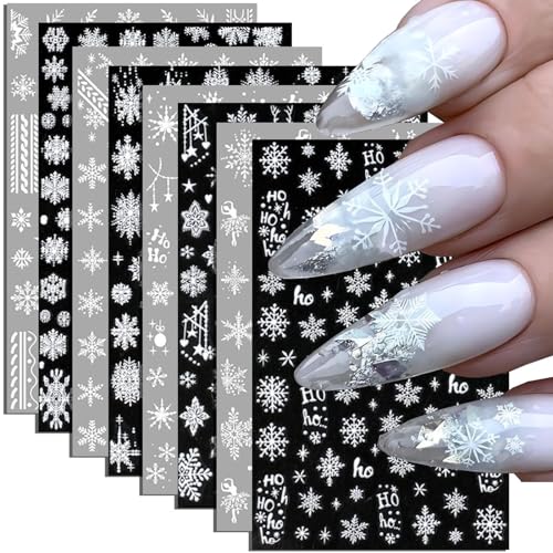 8pcs White Snowflake Nail Stickers Christmas Nail Art Stickers Winter Snowflake Stickers for Nails Christmas Nail Decals for Nail Art Supplies Xmas Snowflakes Nail Decorations Women Nail Accessories