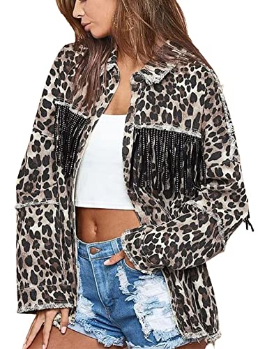 chouyatou Women's Washed Leopard Print Jean Jacket Fringe Button Down Denim Shacket Jacket