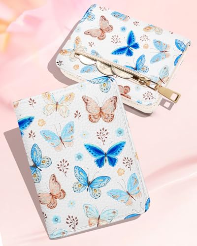 Image of Bistup Leather 12 Slot Accordion Card Holder Wallet, Butterfly | Accordion Storage, Zipper Around Closure, Compact Patterned Wallet for IDs, Cards, Cash, Daily Carry and Gifts