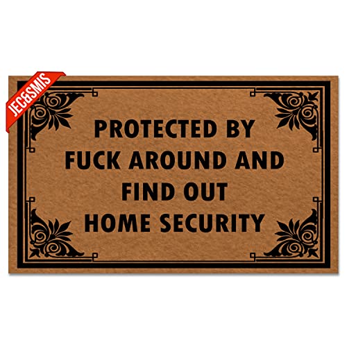 Jec&Smis Doormat Protected by Fuck Around and Find Out Home Security Welcome Mats for Front Door Indoor Outdoor Entrance Floor Mat Non Slip Doormat 30 inch X 18 inch