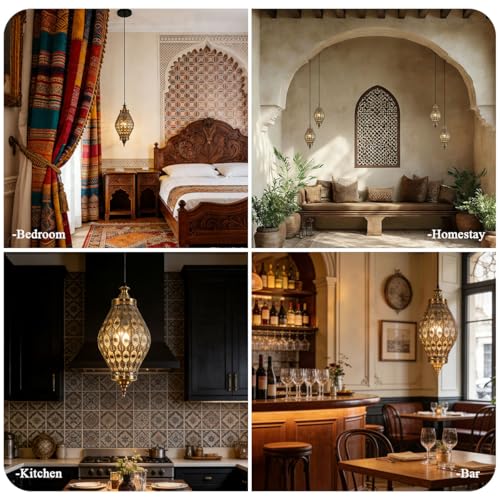 Image of Moroccan Pendant Light, 19.7 inch Retro Metal Turkish Ceiling Pendant Lamp Brown Iron Hollow Shade Adjustable Gold Hanging Lighting for Restaurant Cafe Kitchen Island, Arabic Hanging Fixtures
