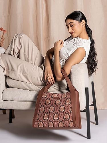 Image of ZOUK Printed Jute Handcrafted Vegan Leather Grey Women's Stylish Tote Bags | Trapezia Tote| Shoulder bag with double handle