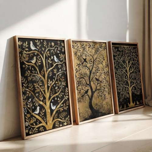 Image of Livin'luxe Set of 3 Golden Tree Wall Art Premium MDF Wooden Color Framed HD UV Printed Decorative Painting for Living Room Bedroom Hallway Office Home Decor 11 Inch x 14 Inch
