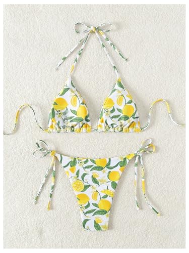 Women's 2 Piece Bikini Set Lemon Floral Print Halter Tie Backless Swimsuits Cute String Bathing Suit2