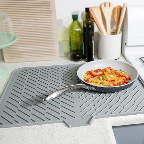 Image of CRIYALE Large Silicone Dish Drying Mat for Kitchen - Non-Slip Built-in Drain Lip | Hygienic Drying Pad Sturdy Compact Easy to Clean Tray Protects Surfaces Prevents Water Build Up 23 x 17 Inches (Grey)