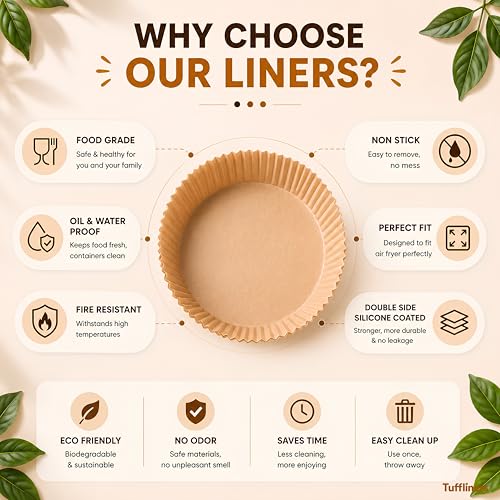 Image of Round Air Fryer Paper Liners 6.3 Inch, 100 Sheets, Silicone Coated, 100% Virgin Wood Pulp, Oil & Water Proof, Shape Retaining, Non-Stick Disposable Parchment Paper for 2.5-4.7L Air Fryers