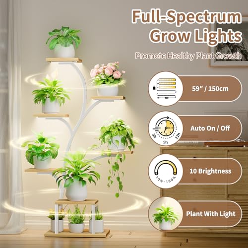 Image of BACEKOLL Plant Stand Indoor with Grow Lights, 7 Tiered Indoor Plant Shelf, 49 inch Corner Plant Stands for Indoor Plants, Metal Plant Flower Display Shelf, Tree-Shaped Plant Rack for Home, Patio, Natural