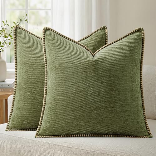 Image of a moment Pack of 2 Decorative Chenille Throw Pillow Covers with Twill Cushion Covers for Sofa Living Room Couch Bed 20x20 Inch,Crafted Border Moss Green