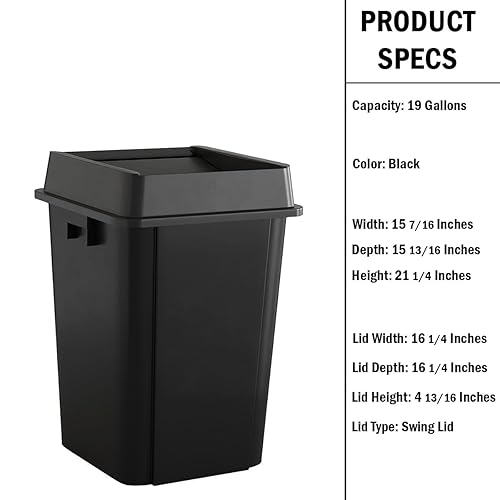 Miniatura 2 de Cubo de basura comercial cuadrado negro de 19 galones con tapa  Oficina al aire libre, restaurante, cocina escolar