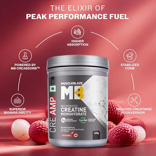 Image of MuscleBlaze Micronised Creatine Monohydrate CreAMP Powder, 320g | Lychee Swirl, 80 Servings | Trustified Certified Creatine