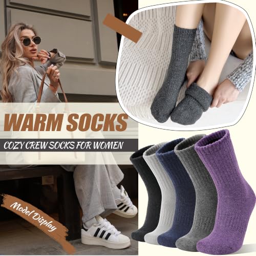 Image of EBMORE 5 Pairs Women Merino Wool Boot Socks Warm Thermal Winter Thick Hiking Cozy Cabin Crew Comfy Socks for Ladies