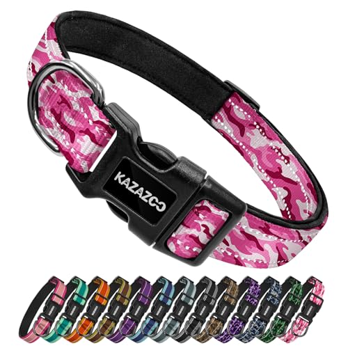 Kazazoo Reflective Dog Collar with Soft Padding Dog Collar for Medium & Large Dogs, No Pull, Heavy Duty, Adjustable Nylon Collar with Quick-Release Buckle, Walking Training Pink camo-L