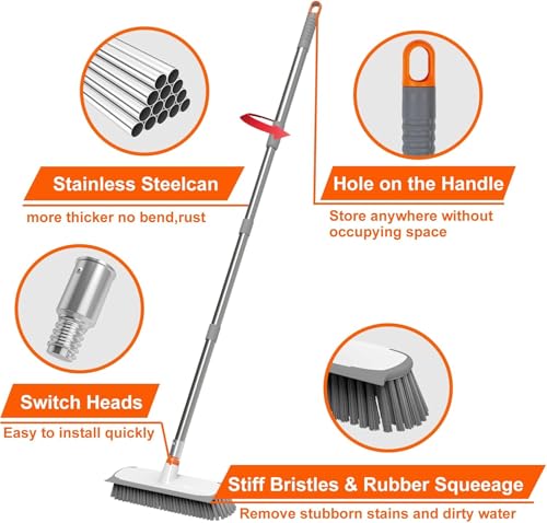 Image of ITTAR Floor Scrub Brush with Long Handle, 12 inch Wide 2-in-1 Deck Brush and Squeegee with 55 inch Stainless Steel Pole, Heavy-Duty Stiff Bristles for Shower, Tile, Garage, Patio & Kitchen-Orange