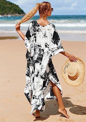 Image of sunforyou Kaftan Dresses for Women Plus Size Lightweight Swimsuit Cover up Batwing Sleeve Print Loungewear Beach Robe