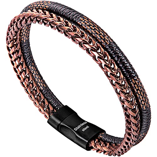 Image of Men's Leather and Steel Chain Bracelet with Clasp