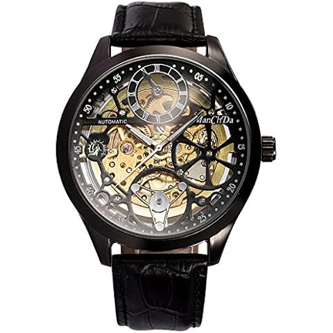ManChDa Watches Men Sport Mechanical Automatic Watch Leather Strap Men Wristwatch for Men (Black) Cover
