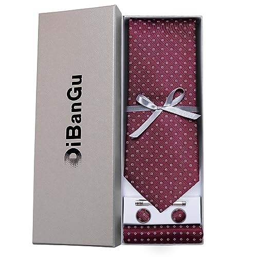 Image of DiBanGu Plaid Ties for Men Silk Checkered Necktie and Pocket Square Cufflinks Tie Clip Set with Gift Box for Wedding Business
