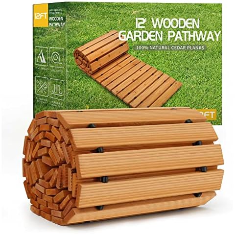 RELIANCER 12' Wooden Garden Pathway,Outdoor Roll Out Cedar Straight Walkway,Patio Path Decorative Garden Boardwalk Walkways,Weather-Resistant Roll Up Beach Wood Road Floor,Wedding Party Pathways Cover