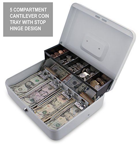 Kolibri Security Durable Metal Cash Box, Money Box with 4 Spring-Loaded Cantilevered Dividers for Bills and 5 Slots for Coin Tray, Key Lock Safe 100% Money Secure and Safe, 2 Keys Included - White