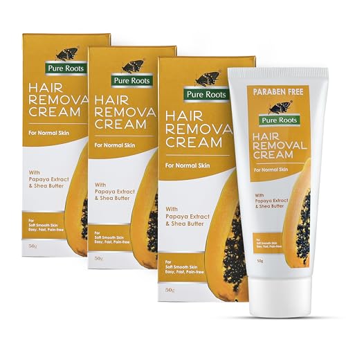 Image of Pure Roots Papaya Hair Removal Cream 50g Pack of 3, Enriched with Papaya Extract & Shea Butter, Painless, Easy and Effective Hair Removal Cream for Women and Men