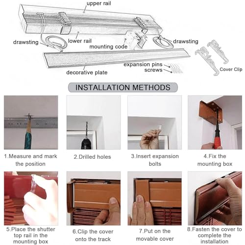 Cortinas de madera maciza premium con láminas de 50 mm y contraventanas estéticas ajustables 8