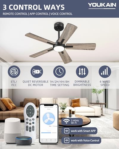 Image of YOUKAIN Ceiling Fans with Lights, 42 Inch Black Ceiling Fans, Smart Ceiling Fan Works with Voice Control & Remote Control, Reversible Blades, Modern Led Ceiling Fan for Bedroom, 42-YJ812-BK