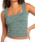 Women's Square Neck Wide Strap Crop Tank Tops Flower Spring Summer Going Out Tops Slim Fit Lettuce Trim Crop Cami Tops Dark Green, XS/S