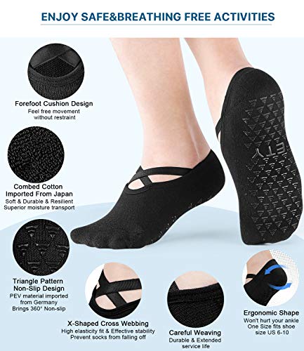 Yoga Socks with Grips for Women, Non Slip Sticky Sock for Pilates & Pure Barre & Hospital & Walking & Dance & Indoor (4 Pack, Size 6-10)