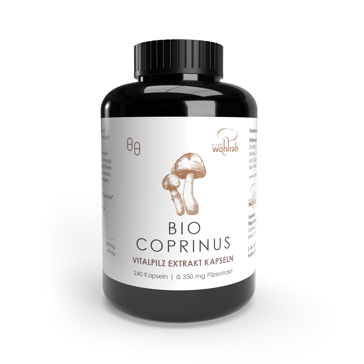 Coprinus Extrakt Kapseln Bio, Reines Schopftintling Vitalpilz Extrakt, Acerola Vitamin C - Bio-Qualität - 240 Kapseln
