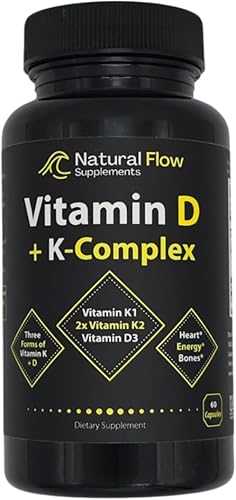Vitamina D3 con suplemento K2 y K1 – Complejo de vitamina D3 y K de flujo natural, D3 5000iu con vitamina K2 MK4 + MK7 y K1 para apoyo óseo, corazón