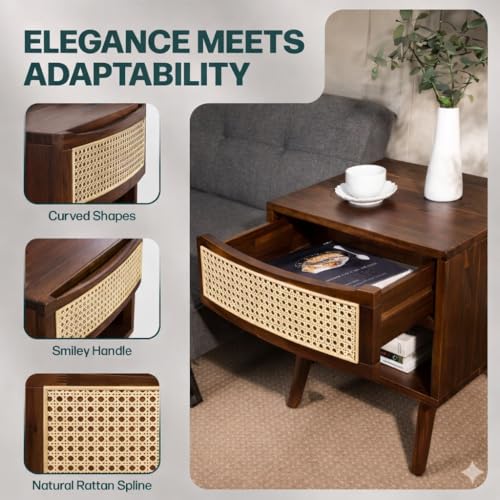 Image of Premium Solid Wood Cane Bedside Table with 1 Cane Drawer & Open Shelf | Handcrafted Rattan Nightstand for Bedroom Hotel Living Room (Walnut Finish)