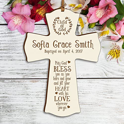 Image of LifeSong Milestones Personalized Ivory Baptism Cross for Girls - Wooden Wall Cross Decoration - Christening, Baby Dedication & First Communion Gifts
