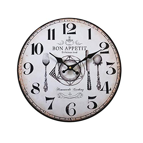 Rebecca Mobili Horloge Murale Vintage, Horloges Suspendues, Bois MDF, Brun Blanc, pour Cuisine Salle À Manger - Diamètre: 33,8 x P 4 Cm - Art. RE6466
