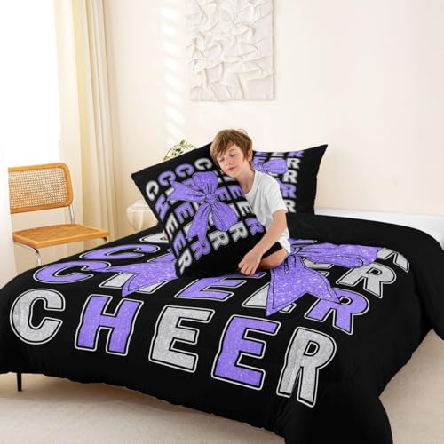 Image of Feelyou Cheer Kids Comforter Set King Size Purplw Bowknot Bedding Set Sport Cheerleader Duvet Quilt for Kids Boys Girls Bedroom Cheerleading Decor Microfiber Ultra Soft Breathable