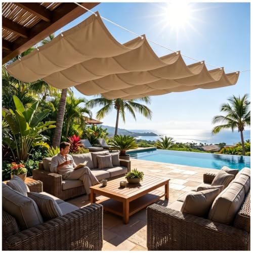 Voile d'ombrage vague rétractable pour abriter vos repas de jardin en été