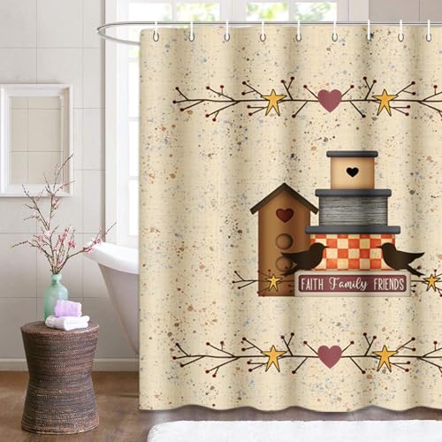 Semtomn Shower Curtain Waterproof Polyester Fabric 66 x 72 inches Heart Primitive Faith Family Friends Country Pip Berry Birdhouse Set with Hooks Decorative Bathroom Curtains