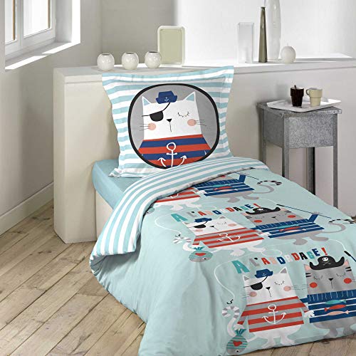 Douceur d'Intérieur Parure 2 P. 140 x 200 CM Imprime 42 Fils Allover Capitaine Chat