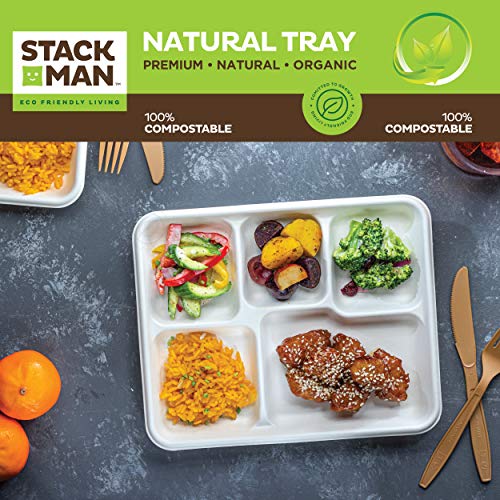 100% Compostable, 5 Compartment, Disposable Paper Plates [125-Pack] - {Pfas Free} - {Bpa Certified} - [9 Inch] Heavy Duty Biodegradable Bagasse Sectional Lunch Trays + Dividers - Divided Platter Tray #TOP4