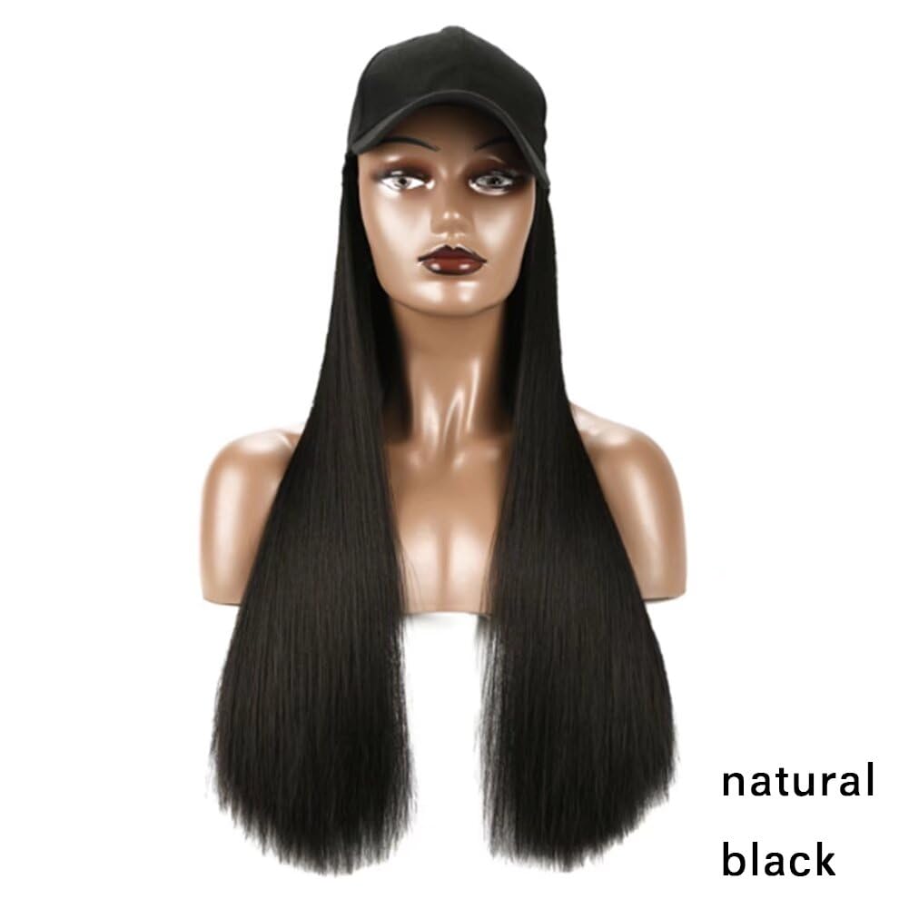 LaLuLoLi Baseball Cap with 24"/60cm Synthetic Hair Extensions Black Hat Straight Hair Long Natural Black Hairpiece Attached Hats Hair Pieces Wig for Women Daily Party Use (natural black) - Image 2
